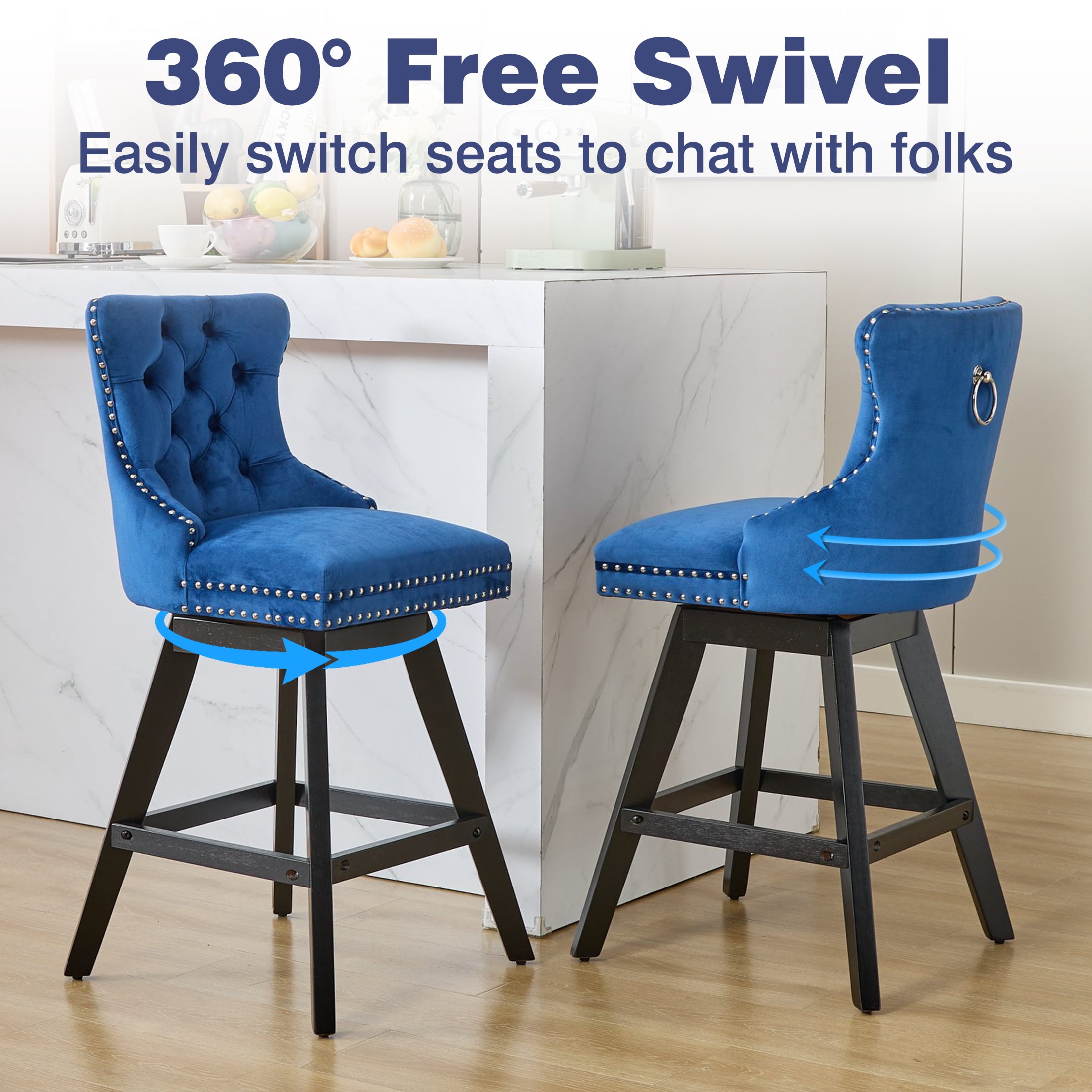 Swivel Bar Stools Set of 2, Velvet Counter Height Bar Stools with Back, Swivel Dining Chair with Button Tufted and Wooden Legs, Kitchen Chair Counter Stools for Kitchen Island Kitchen Counter, Blue