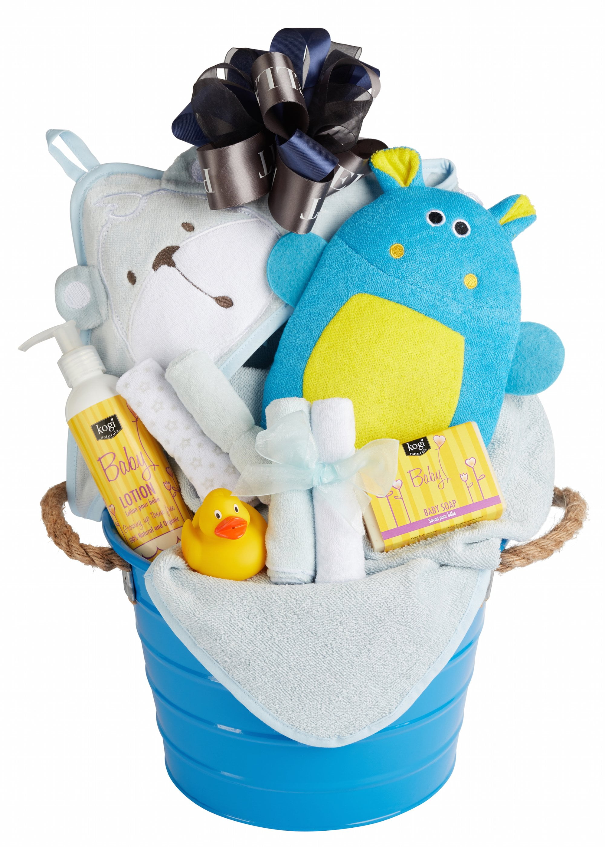 Newborn Baby Boy Bath Gift Basket with Hooded Towel, Washclothes, Organic Soap and Lotion