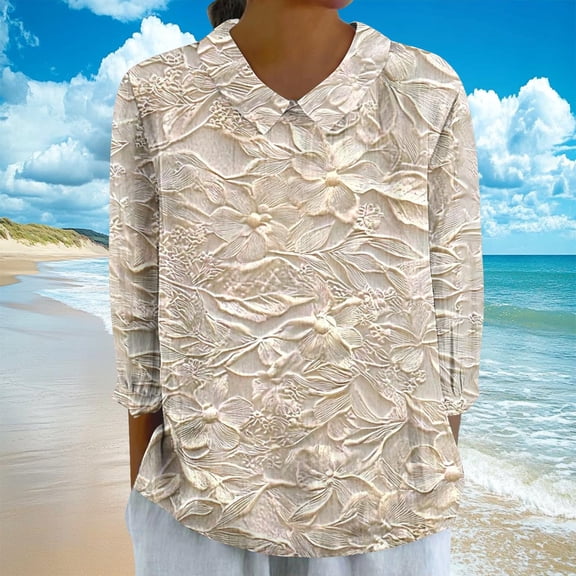 Vetsdori Three Quarter Sleeve Tops for Women Graphic Pullover Collared Trendy,Summer Lightweight Crew Neck Juniors Blouses Dressy