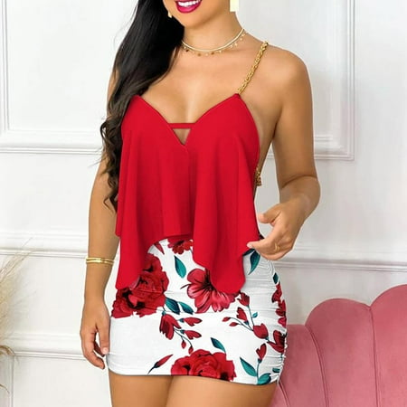 

Lingerie Set For Women AIEOTT Summer Savings Clearance，Two Piece Womens Vacation Outfits，Asymmetrical Chain Strap Decor Crisscross Backless Bodycon Skirt Tops Two Piece Lounge Workout Mini Skirt Set
