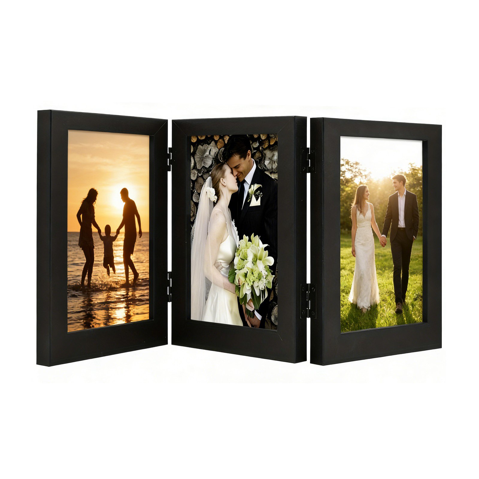NIUBIER 5x7 Three Picture Frame Trifold Hinged Photo Frame with 3 Openings, Desk Top Family Picture Collage,Vertical Display 3 5x7 Photo, Black
