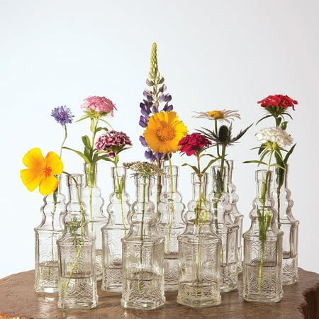 Vintage Flower Centrepieces Small Vintage Glass Bottle Set (6.5-Inch, Ella Square Design, Clear, Set of 12) - Flower Bud Vases Bulk - For Party and Wedding Centerpieces ()