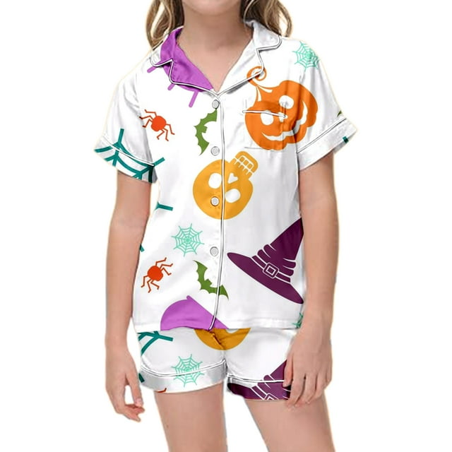 Ensemble de Pyjama d'Halloween pour Filles Mignon Manches Courtes Tenue de Nuit Fête Enfants Printemps Été