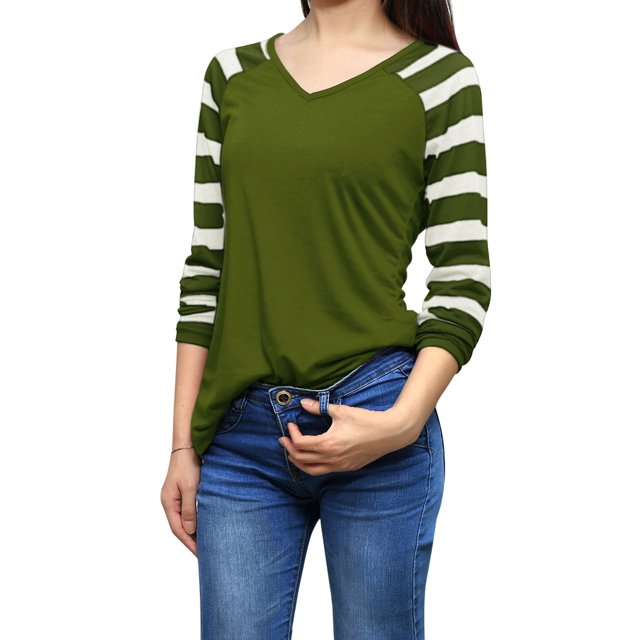 INSPIRE CHIC Women's Striped Raglan Long Sleeve V Neck T-shirt