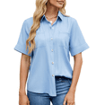thumbnail image 3 of Chemise Boutonnée pour Femme, Manches Courtes Décontractées, Blouse de Travail à Col avec Poche, Bleu Pâle, L, 3 of 9