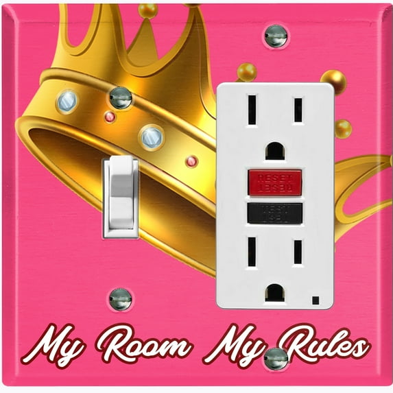 Metal Light Switch Plate Outlet Cover (My Room My Rules Crown Pink Tilted - Single Toggle Single Rocker)