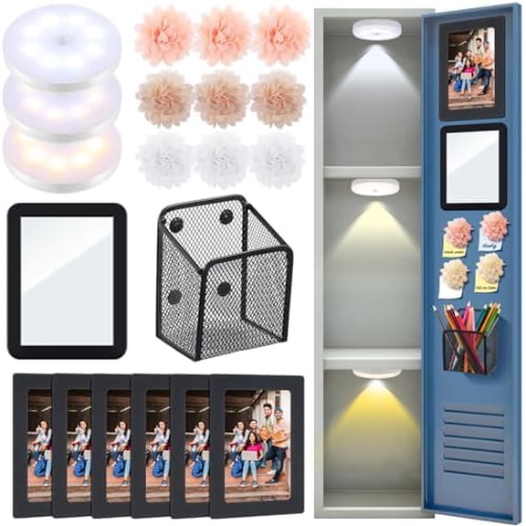 35 Pcs Magnetic Locker Accessories for Girls Includes Cute Flower Magnet Magnetic Mirror, Light, Pen Holder and Photo Frames for School Locker Decoration$$Office