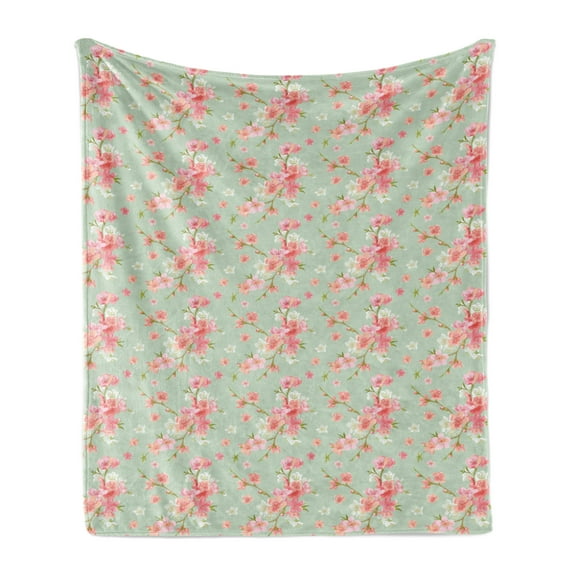 Shabby Flora Soft Flannel Fleece Throw Blanket, Retro Spring Blossom Flowers French Garden Florets Garland Artisan Image, Cozy Plush for Indoor and Outdoor Use, 50" x 70", Mint Pink, by Ambesonne