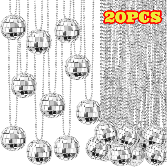 20pcs Mirror Disco Ball Necklaces, 0.79 Inch Silver Disco Ball Necklaces 70s Jewelry Party Favors Decorations for Festivals Stage Props Accessories