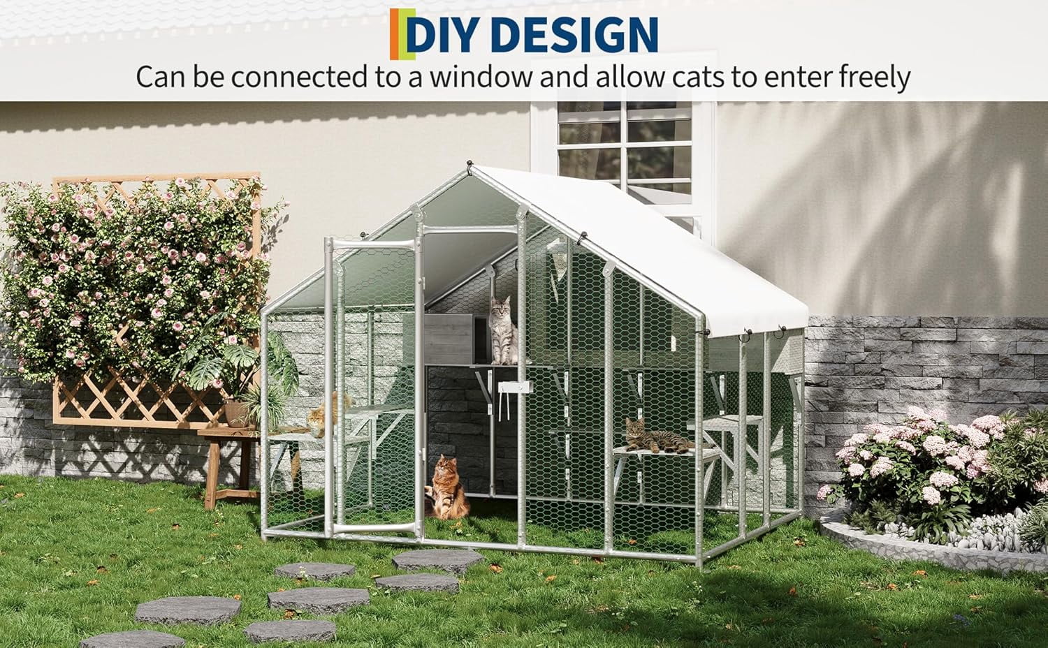 QinaQin Large Catio Outdoor Cat Enclosure for Multiple Cats, Outdoor Large Cat House with Waterproof Cover, 2 Resting Boxes and 7 Platforms, Extra Large Walk-in Cat Patio for Patio, Yard,Gray