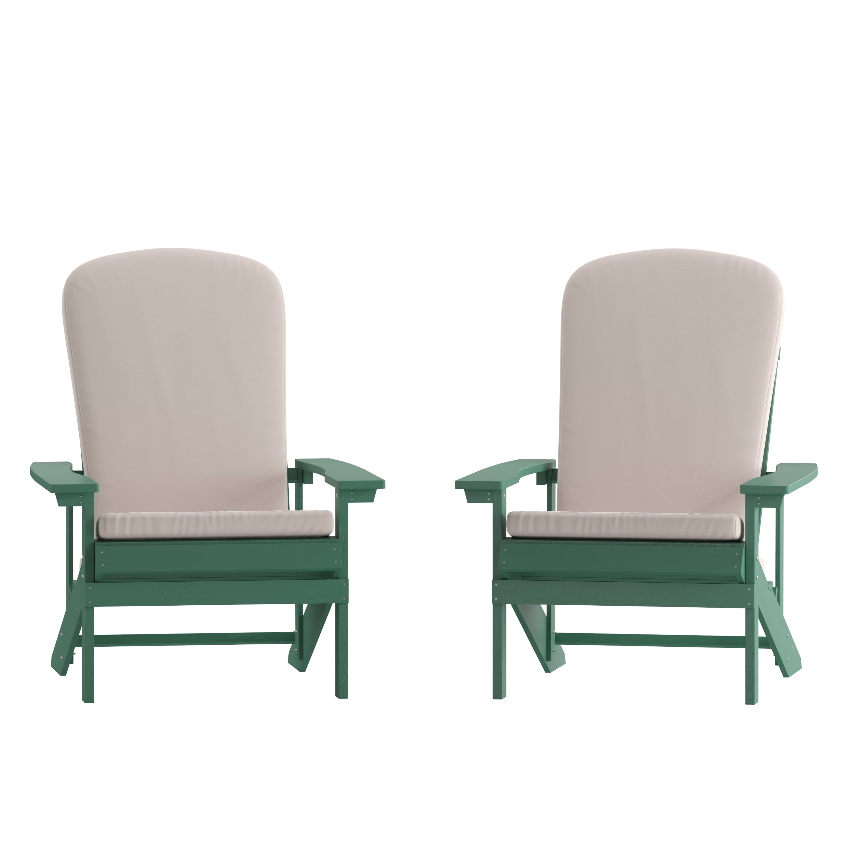 Emma + Oliver Set of Two Green All-Weather Polyresin Adirondack Chairs with Cream Cushions