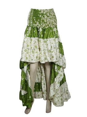 Mogul Women Hi Low Skirt Green White Floral Print Recycled Sari Tiered Flared Elastic High Waist Ruffle Skirts S/M