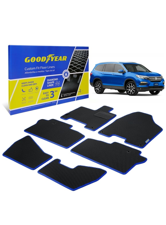 Goodyear Custom Fit Car Floor Liners for Honda Pilot 2016-2022, Black/Blue 6 Pc. Set, All-Weather Diamond Shape Liner Traps Dirt, Liquid, Rain and Dust, Precision Interior Coverage - GY004082
