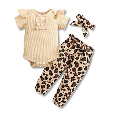 

Dooleck Ribbed Baby Girl Clothes Infant Ruffle Bodysuit Bow Halen Pant Outfit Set