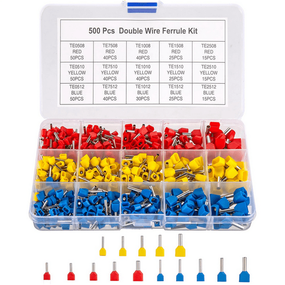 Double Wire Ferrules Kit, 500Pcs Ferrule Terminals, Insulated Crimp Pin Cord End Terminal