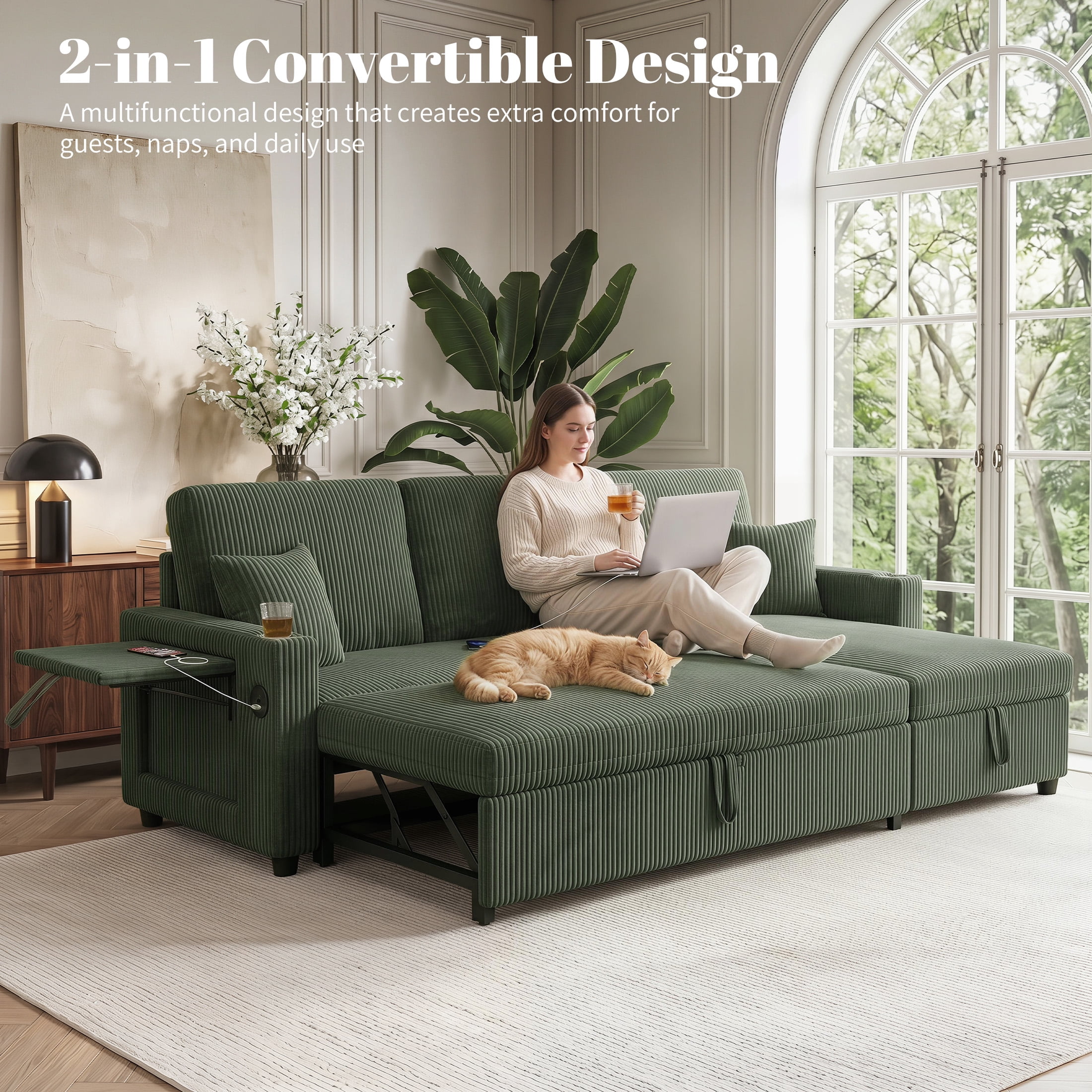 Aenkyo 84" Corduroy Pull Out Sofa Bed with Reversible Storage Chaise and USB Charging, Green