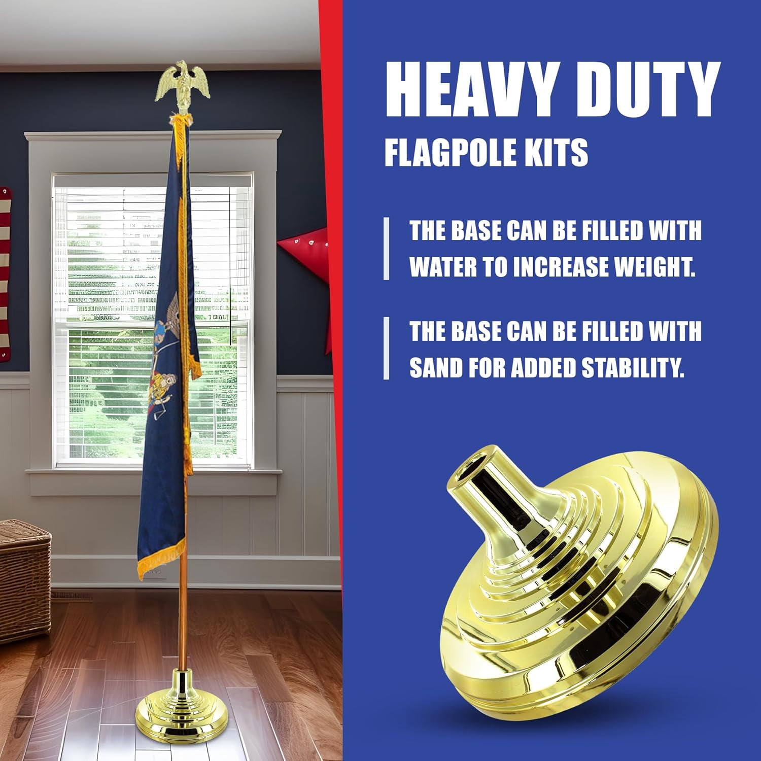 Super Tough Floor Stand Base for Indoor Flagpole - Metallic Gold | Durable ABS Plastic | Fits 1" to 1 1/4" Poles | Unweighted with Fillable Design | Easy Assembly with Elegant Gold Finish