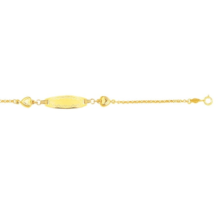 14K Yellow Gold Shiny Round Cable Link+2 Station Puffed Heart ID Bracelet wit h Lobster Clasp