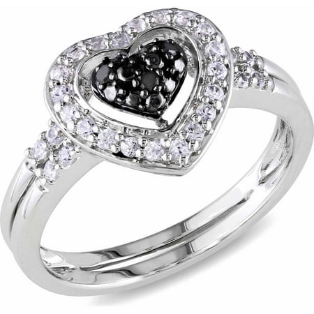 Silver Black Heart Ring - 1/3 Carat T.G.W. Created White Sapphire and Black Diamond-Accent Sterling Silver Double Band Heart Ring