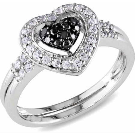 1/3 Carat T.G.W. Created White Sapphire and Black Diamond-Accent Sterling Silver Double Band Heart Ring