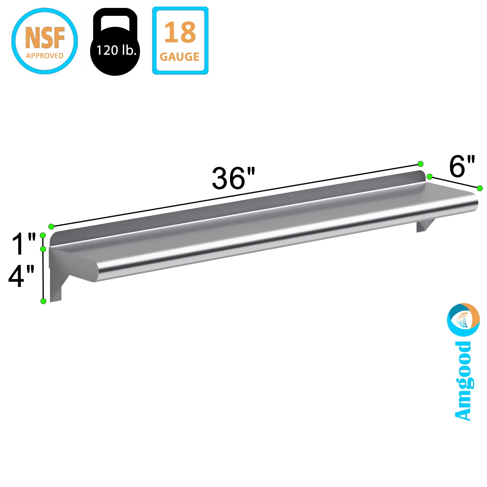 AmGood 6 in. x 36 in. Stainless Steel Wall Shelf | NSF Certified | Appliance & Equipment Metal Shelving | Kitchen, Restaurant, Garage, Laundry, Utility Room