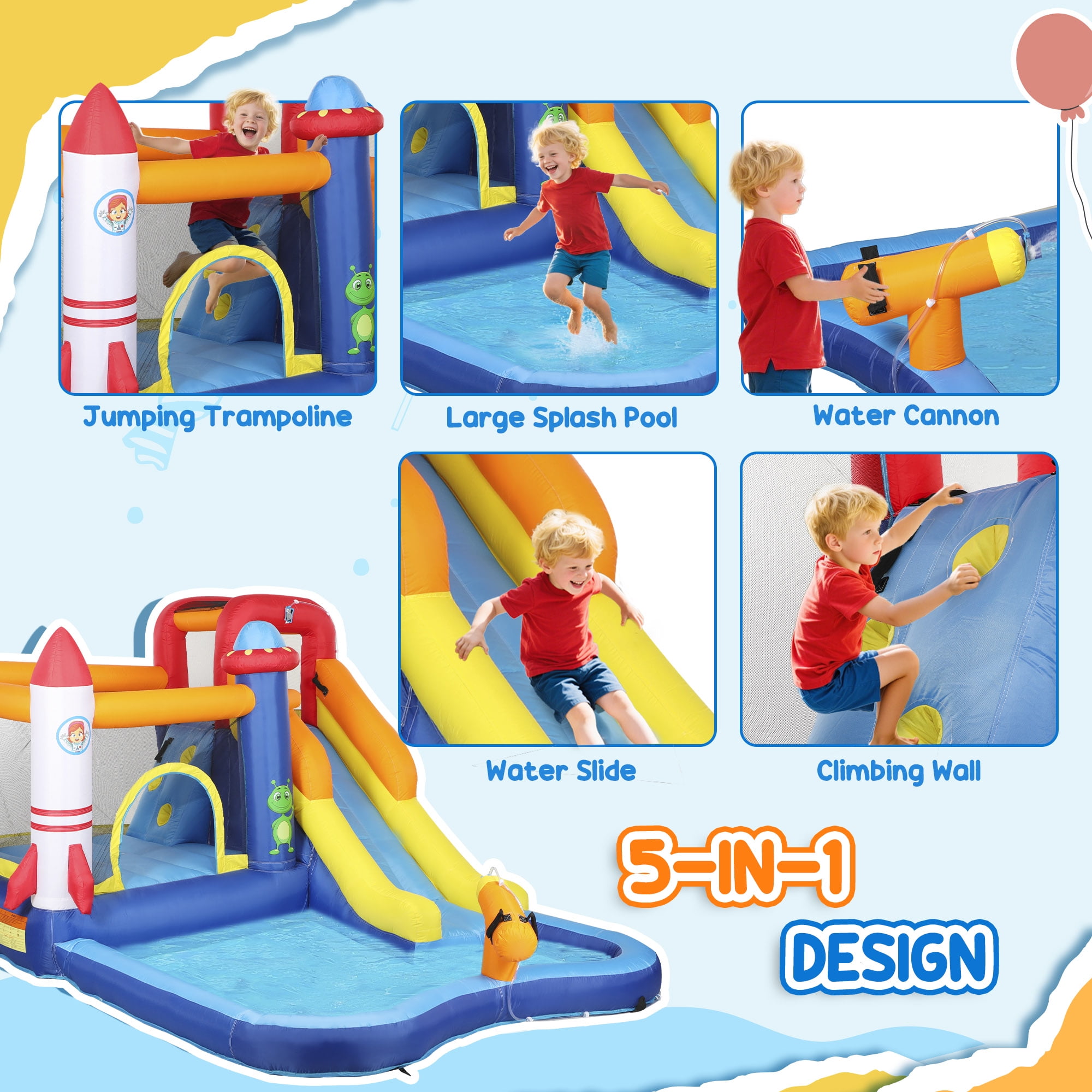 Qaba Inflatable Bounce House, Kids Water Slide with Splash Pool, Trampoline, Climbing Wall, Cannon, 5 in 1 Kids Outdoor Fun with 550W Blower