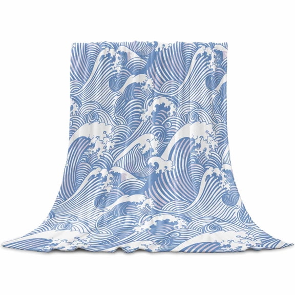 Blue Ocean Waves Flannel Blanket for Bed, Abstract Art Moire Seaside Soft Cozy Warm Couch Throw Blanket, Lightweight Fluffy Plush Bedding Blankets for Sofa Decor All Season 50"x60"