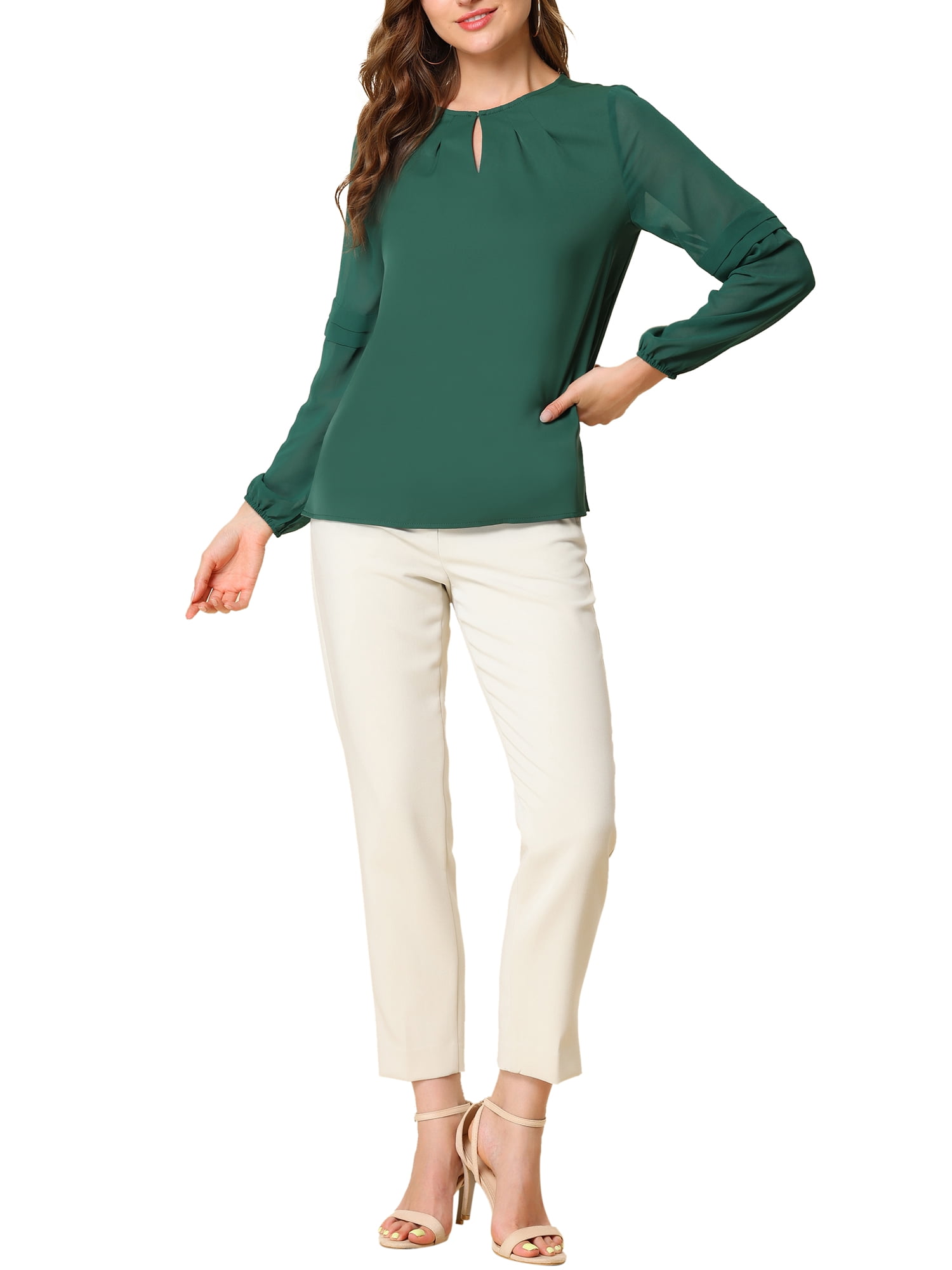 Unique Bargains Women's Chiffon Semi Sheer Long Sleeves Keyhole Neck Blouse M Dark Green