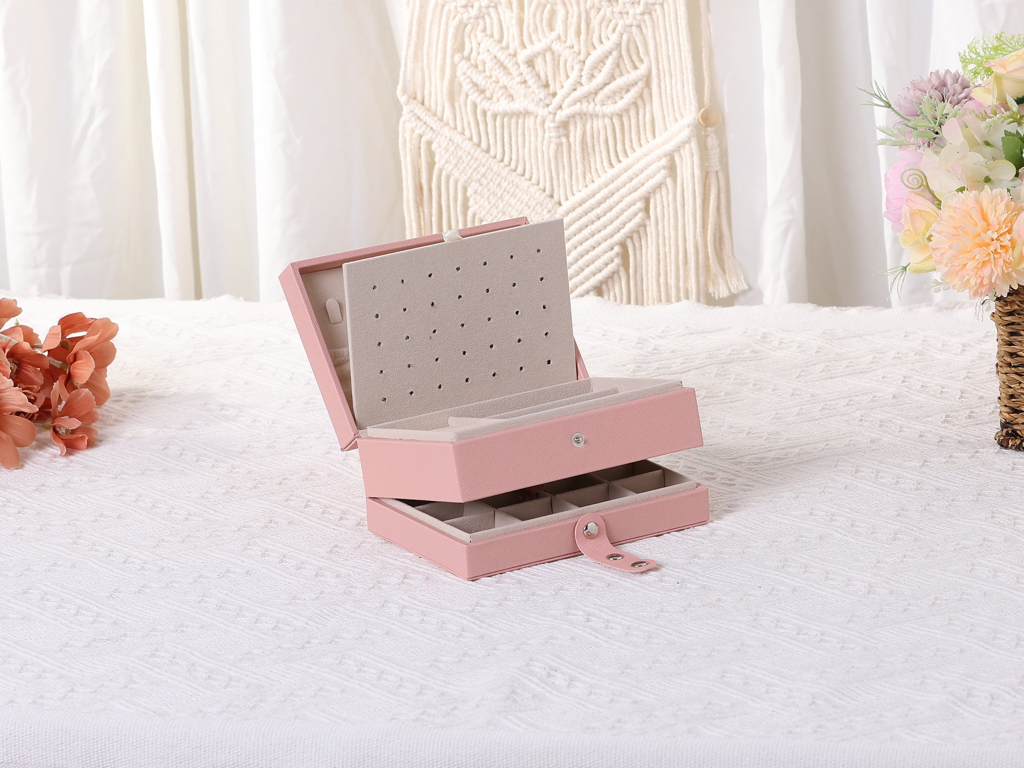Unique Bargains 2 Layer Jewelry Box PU Leather Jewelry Case for Earring Necklace Ring Pink