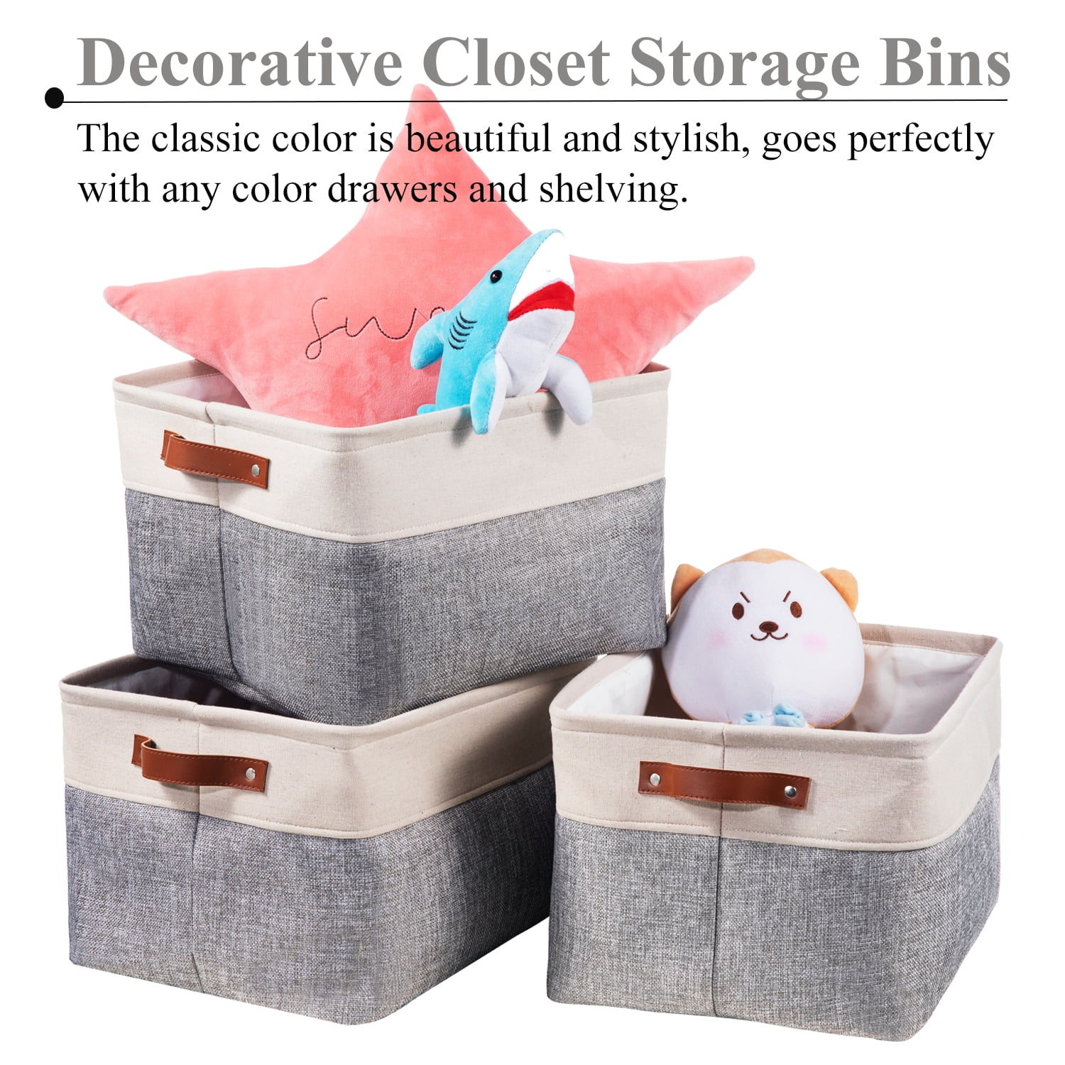 WEHUSE Large Cloth Storage Baskets for Shelf, Collapsible Fabric Closet Storage Bins with Leather Handles, Grey 15.8 L x 12 W x 10 H Inch