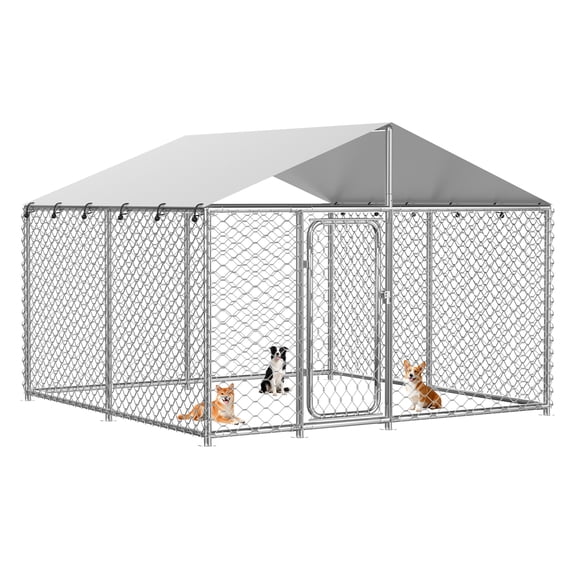 YOKWOK 7.5x7.5ft Outdoor Dog Kennel Heavy Duty Metal Dog Pet Enclosure, with Galvanized Steel Fence and Metal Gate, UV Waterproof Sun Resistant Roof Cover and Secure Lock