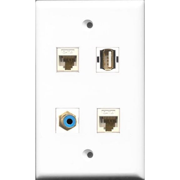 RiteAV 1 Port RCA Blue and 1 Port USB A-A 2 Port Cat6 Ethernet White Wall Plate