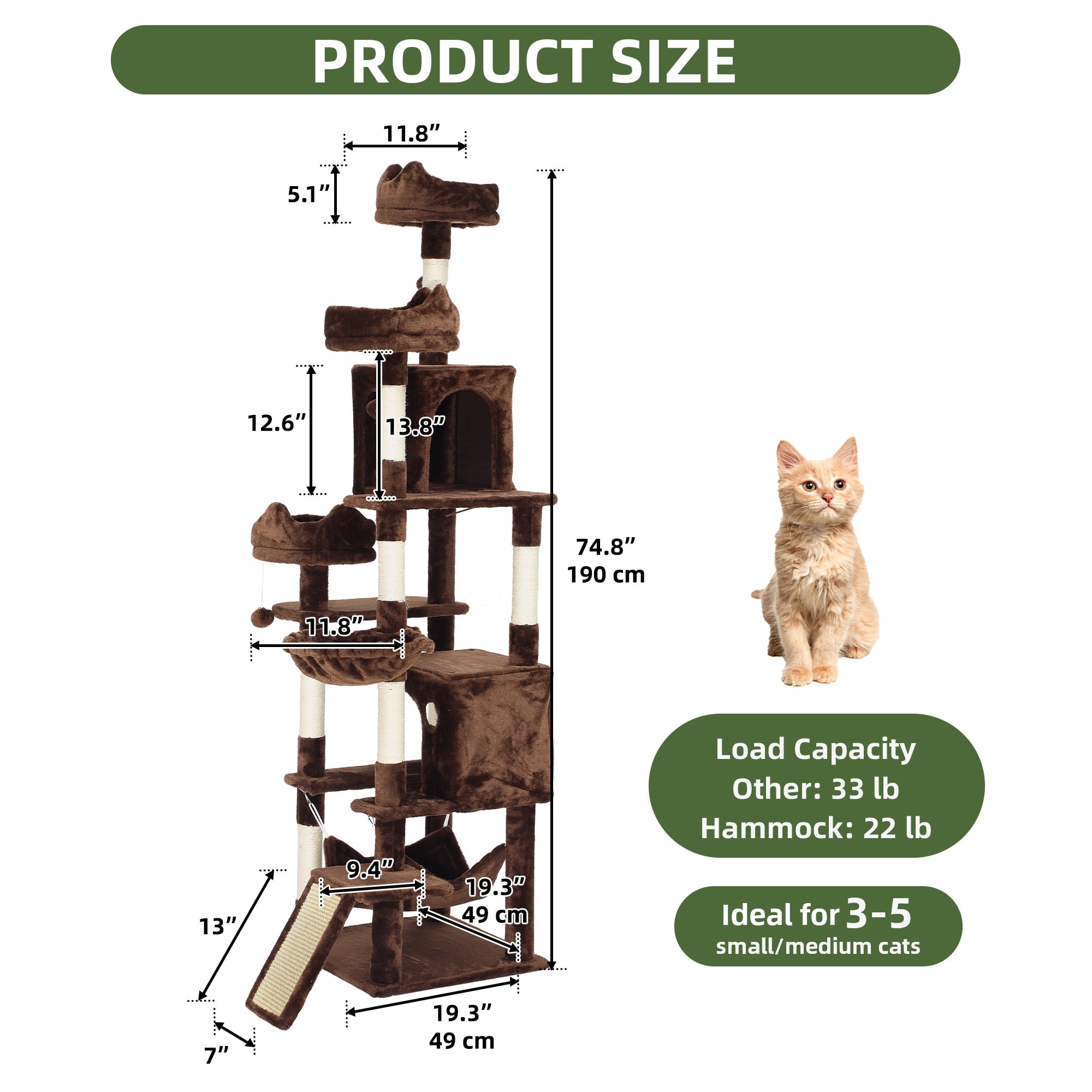 Uforic 75" Cat Tree Multi-Level Tower with Condos, Hammocks & Scratching Posts, Brown
