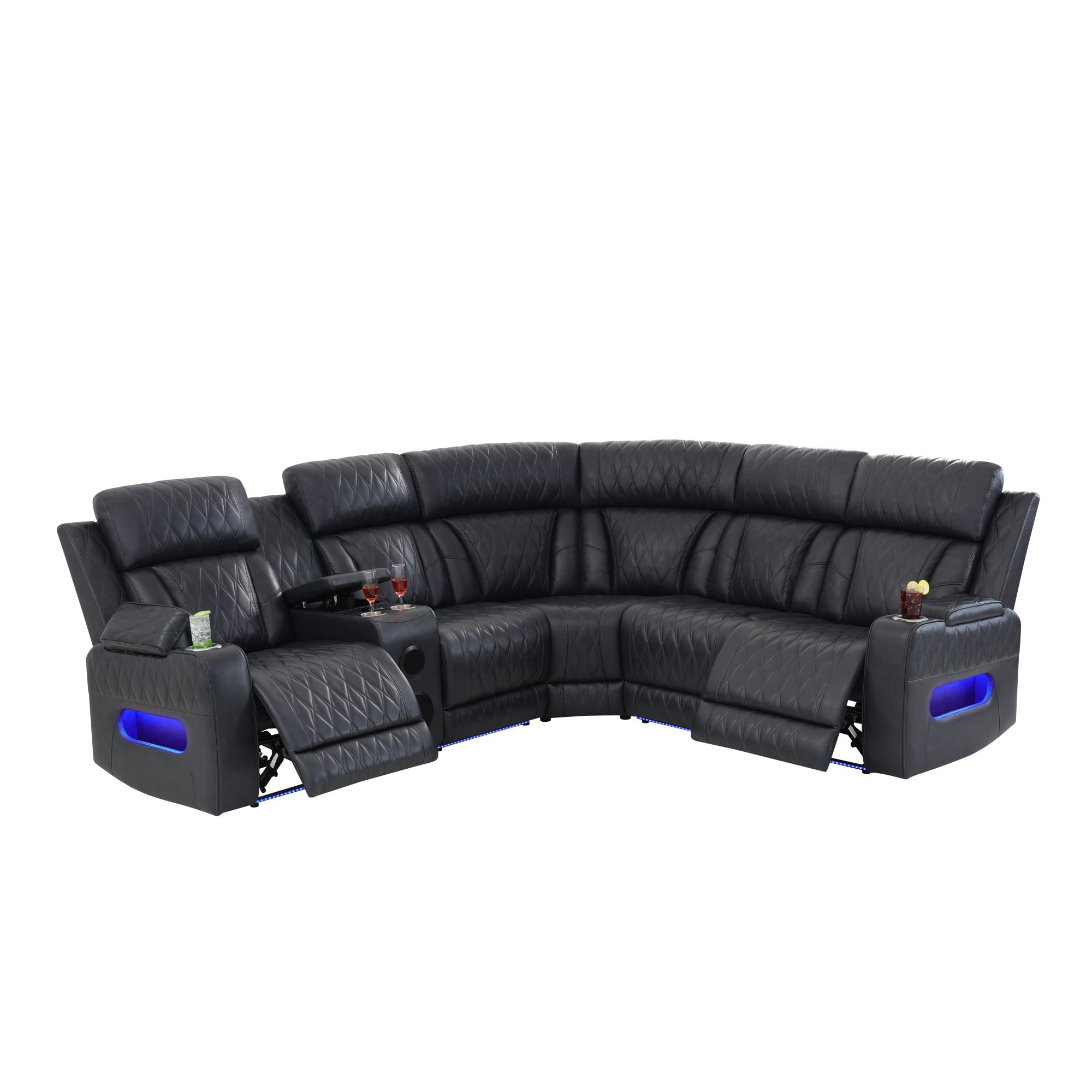 Gewnee Power Reclining Sectional Sofa, Air Leather, Adjustable Recline, USB & Type‑C Charging, Bluetooth Speaker, Cup Holders & Storage, Comfort Couch for Living Room Home Theater, Blackish Gray