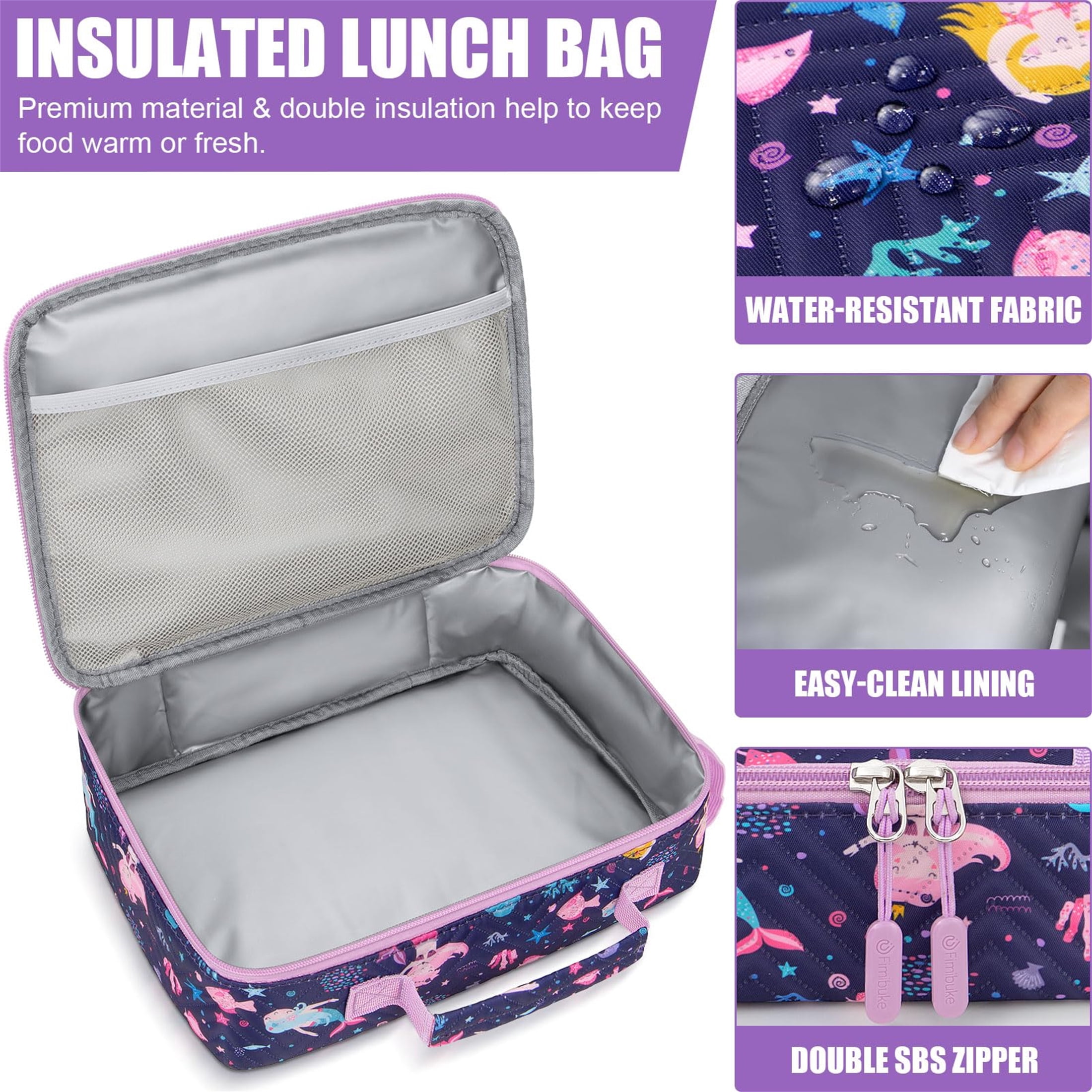 Bento Lunch Box with 4 Compartments, Insulated lunch Bag, 14oz Stainless Steel Water Bottle, Ice Pack, Utensils Set (Mermaid)