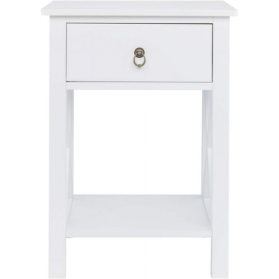 Nightstand Modern End Table, Side Table with 1 Drawer and Storage Shelf, White