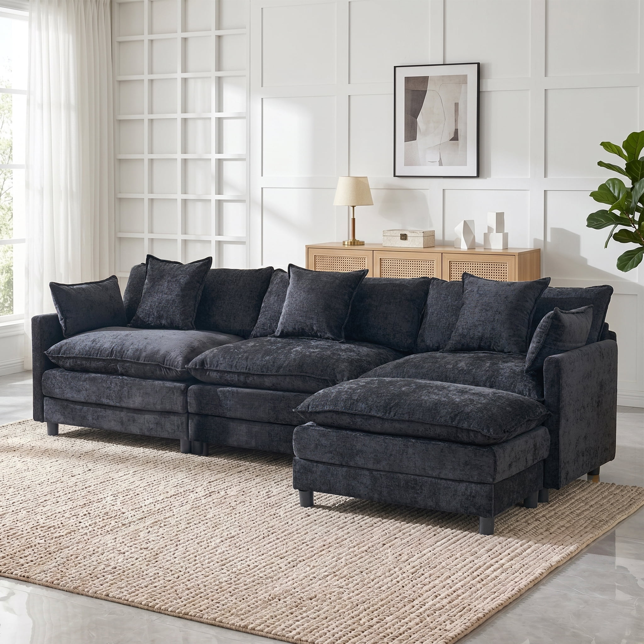 AISWORD 120" L Shaped Modular Sectional Sofa, Cloud Couch with Movable Ottoman, 4 Seat Chenille Deep Seat Sofa with Throw Pillows for Living Room, Black