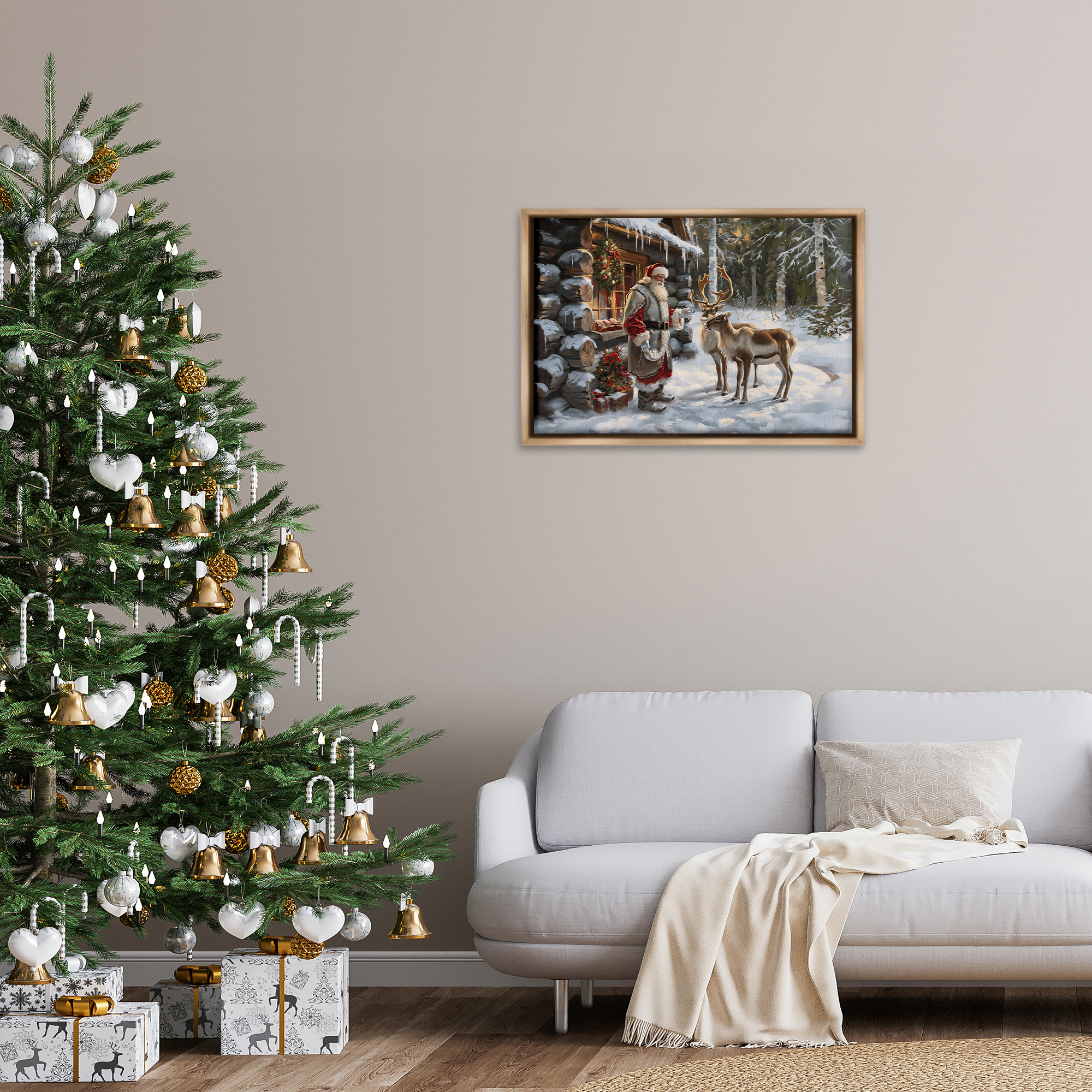 Stupell Industries Santa's Cabin with Reindeer Holiday Painting Brown Floater Framed Canvas Art Prints Wall Art, 31 x 21