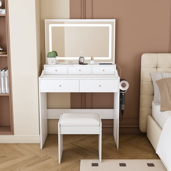 Modern Makeup Vanity Desk with Large Mirror, 3 Lighting Modes, Power Outlet & 5 Drawers Glamorous Dressing Table for Bedroom White Vanity Set with Hair Dryer Holder & Adjustable Lights