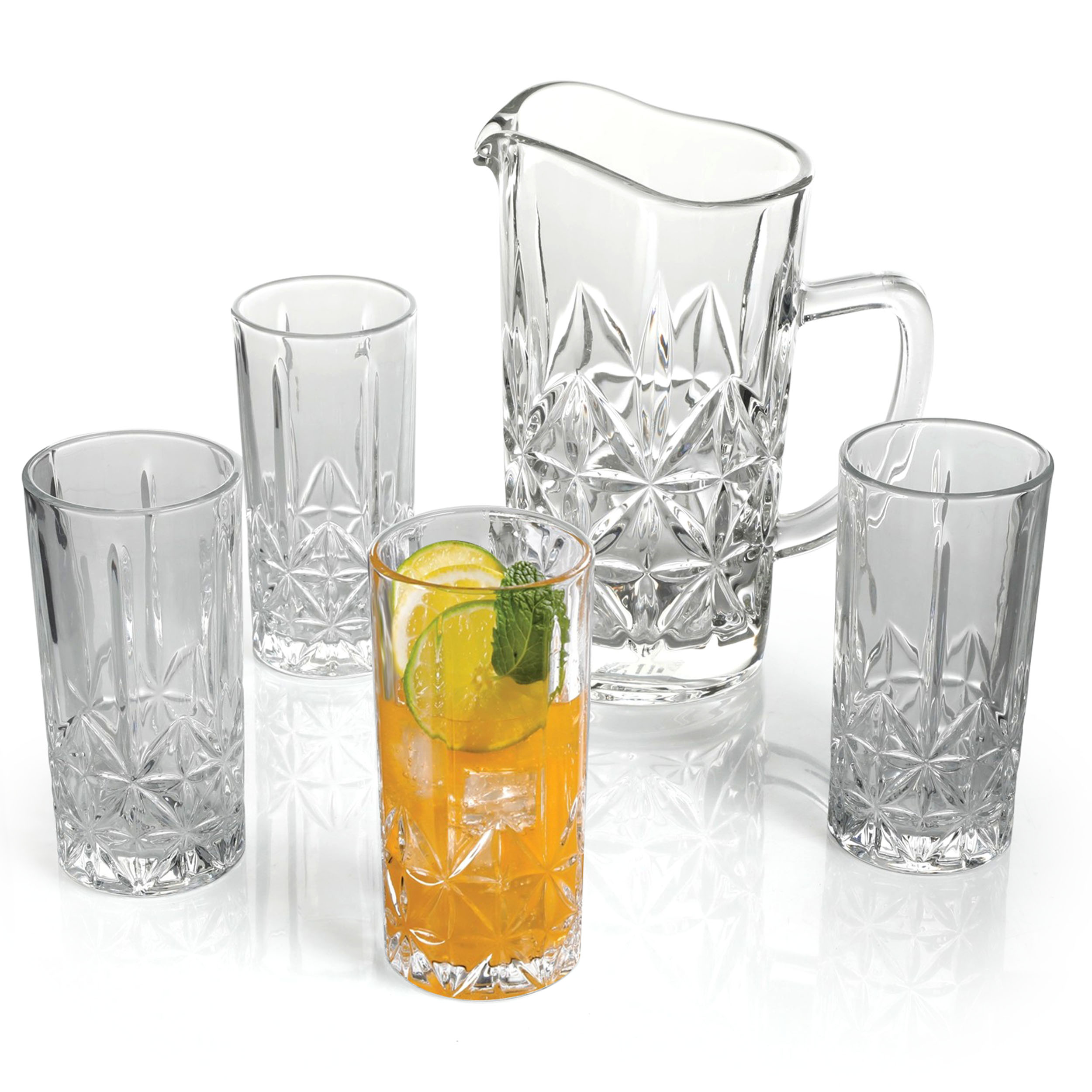 Gibson Home Diamond Cut 5 Piece Clear Glass Pitcher and Tumbler Set