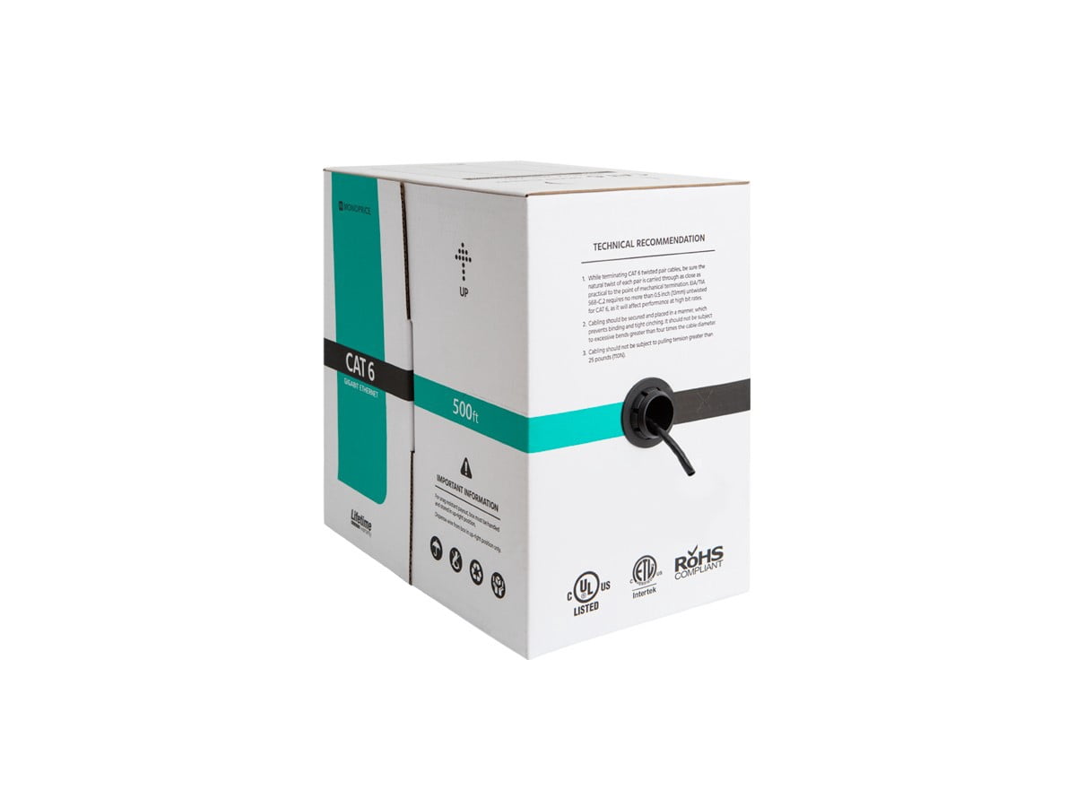 Monoprice Cat6 Ethernet Bulk Cable - 500 Feet - Black, Solid, 550MHz, UTP, CMR, Riser-Rated, Pure Bare Copper Wire, 23AWG (UL)(TAA)
