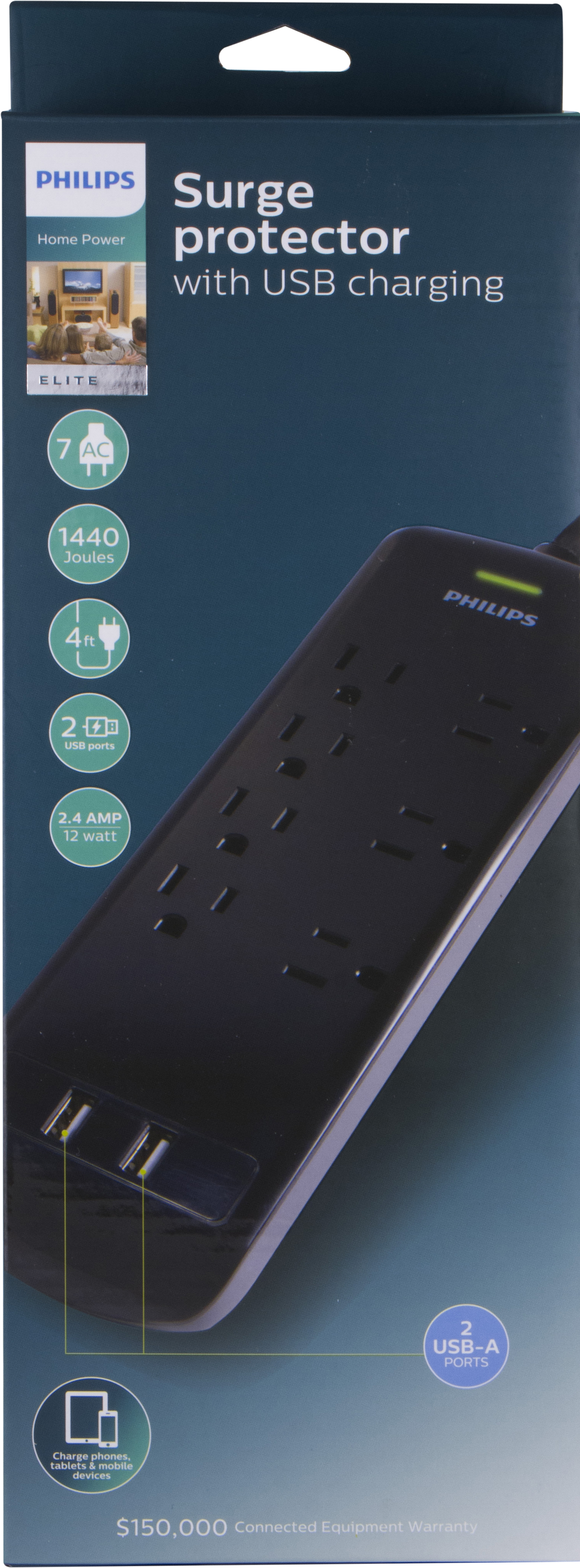 Philips Elite 7-Outlet Surge Protector with USB, 2 Ports, 2.4A, 1440J, 4ft Cord, Black