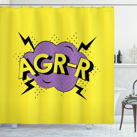 AGR-R Shower Curtain, Comic Book Style Expressive Lettering on Dotted Backdrop and Lightning Motifs, Fabric Bathroom Set with Hooks, 69W X 70L Inches, Purple and Yellow, by Ambesonne