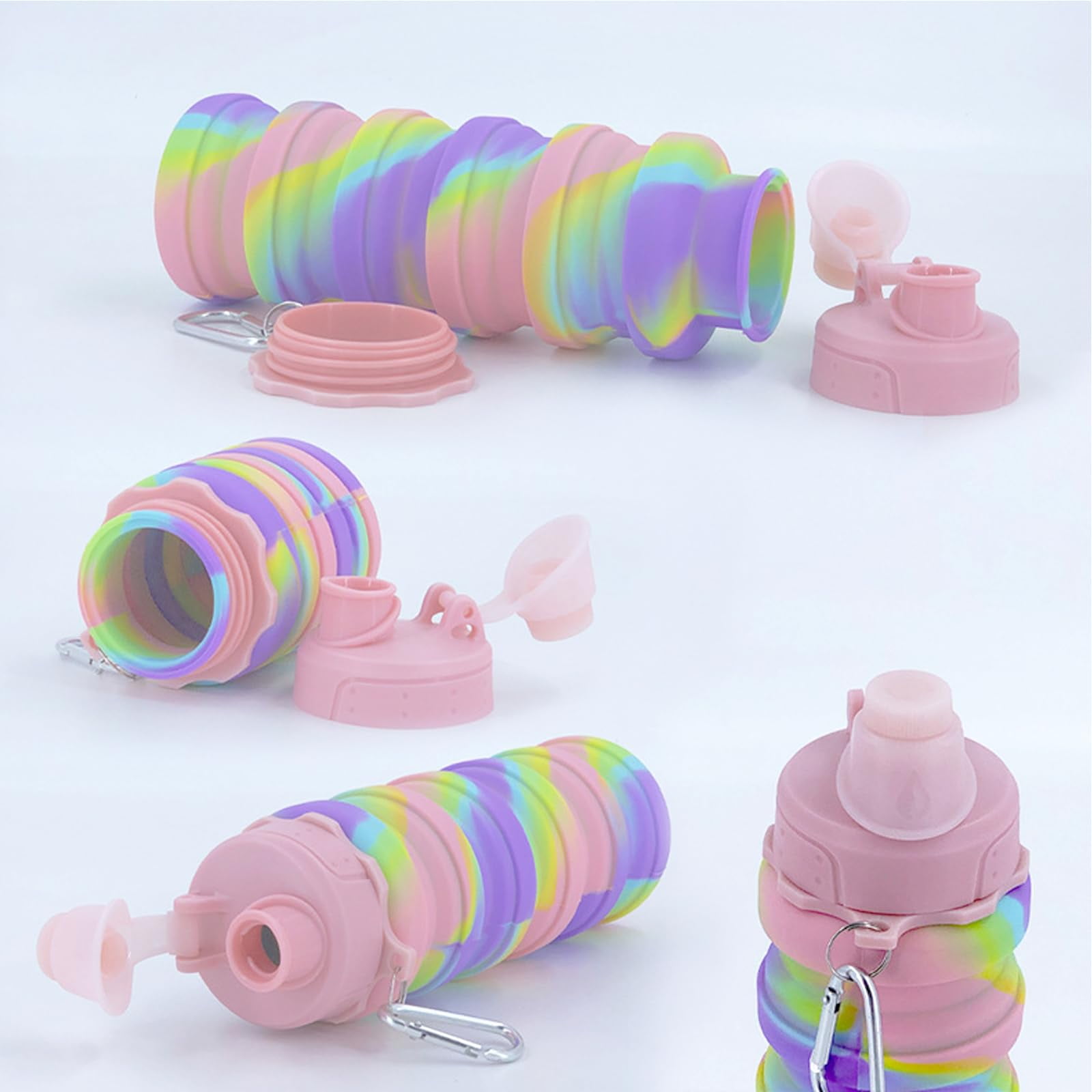 Collapsible Water Bottles Two Pack Travel Sports Portable Sport Water Bottle comes with mountaineering Buckle 500ml silicone Water-proof camping water bottle (Purple and Grey Color)