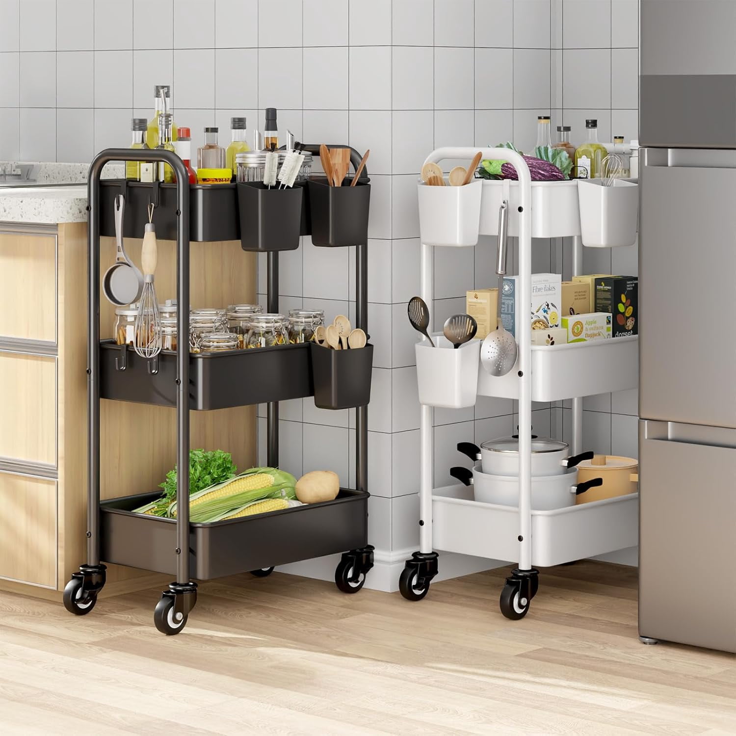 3 Tier Rolling Cart - Metal Utility Cart with 3 Hanging Cups & 4 Hooks, 66LBS Capacity, Mesh Rolling Storage Cart Organizer, Easy Assembly, Rolling Carts with Wheels for Kitchen Office