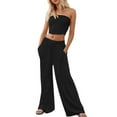 thumbnail image 2 of HOWPAY Womens Sets 2 Piece Outfits Strapless Crop Tube Top Solid Color Wide Leg Pants Lounge Sets Loose Fit Comfy Soft Y2K Sweatsuits Black L, 2 of 5