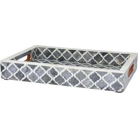 

Moorish trays inspired by Moroccan motifs - Ideal tray for ottomans - Multi-purpose tray with bone inlay for serving or simply use as a decorative tray 12X8 inches gray