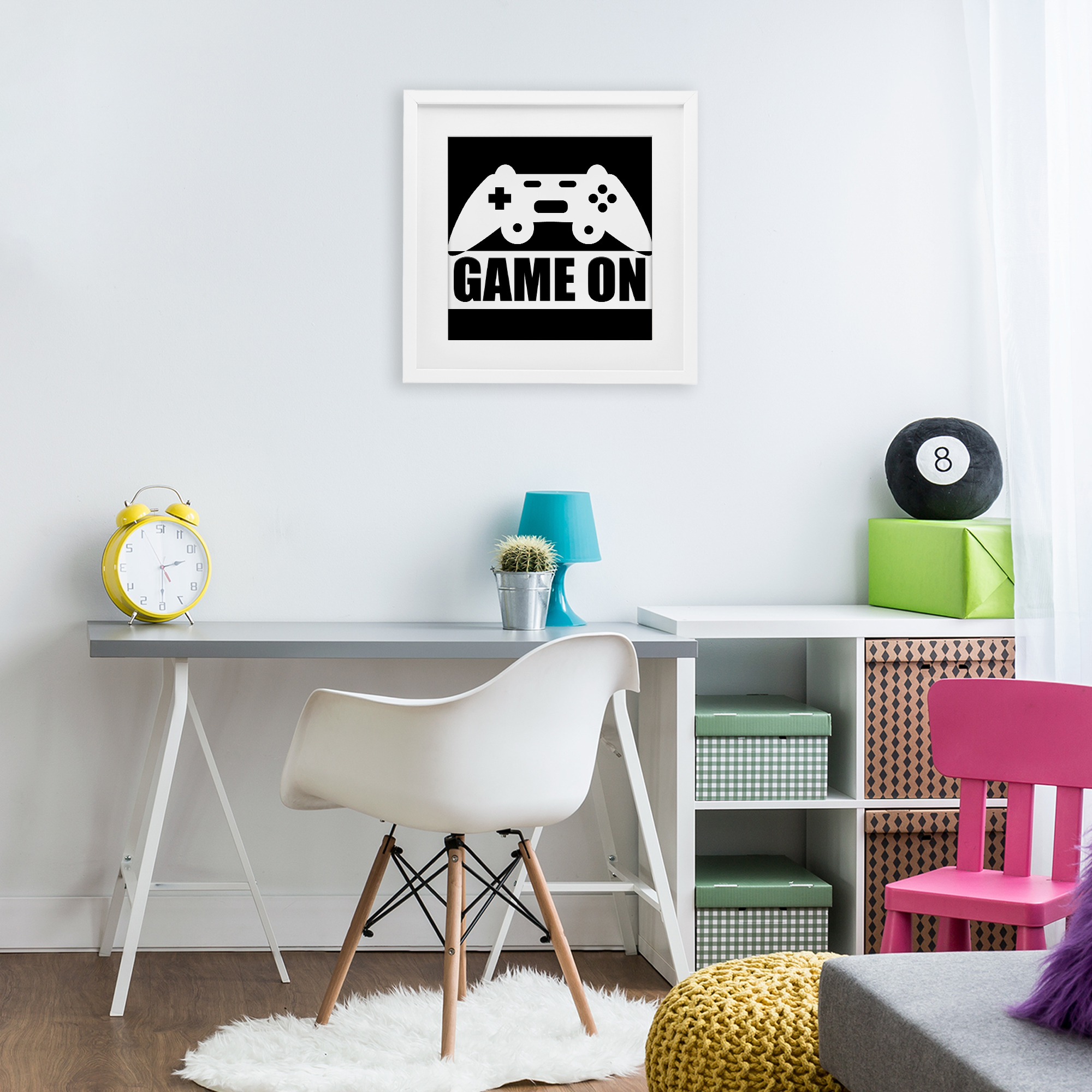 Game On Retro Black & White White Framed Print Under Glass, design by Kim Allen