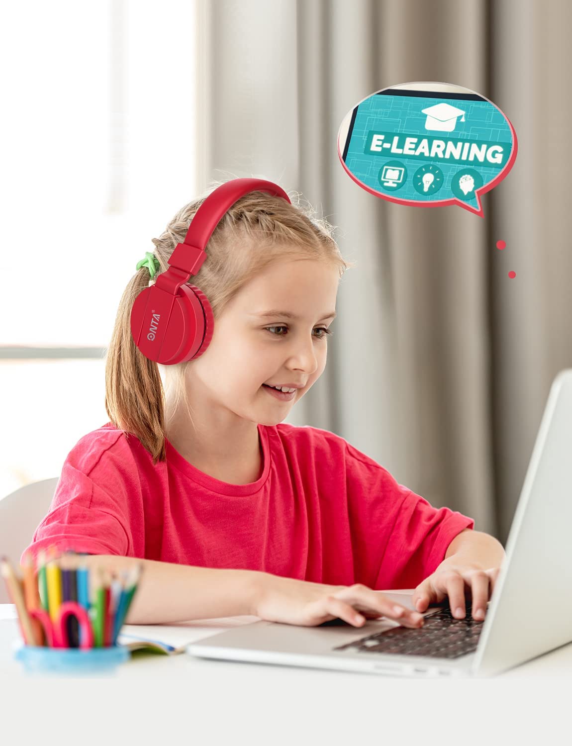 ONTA Kids Wired On-Ear Headphones, Red photo 5