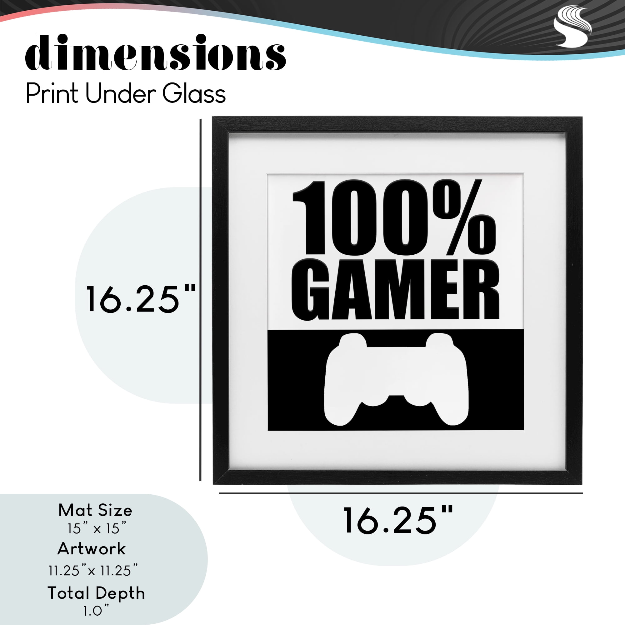 100% Gamer Black & White Black Framed Print Under Glass, design by Kim Allen